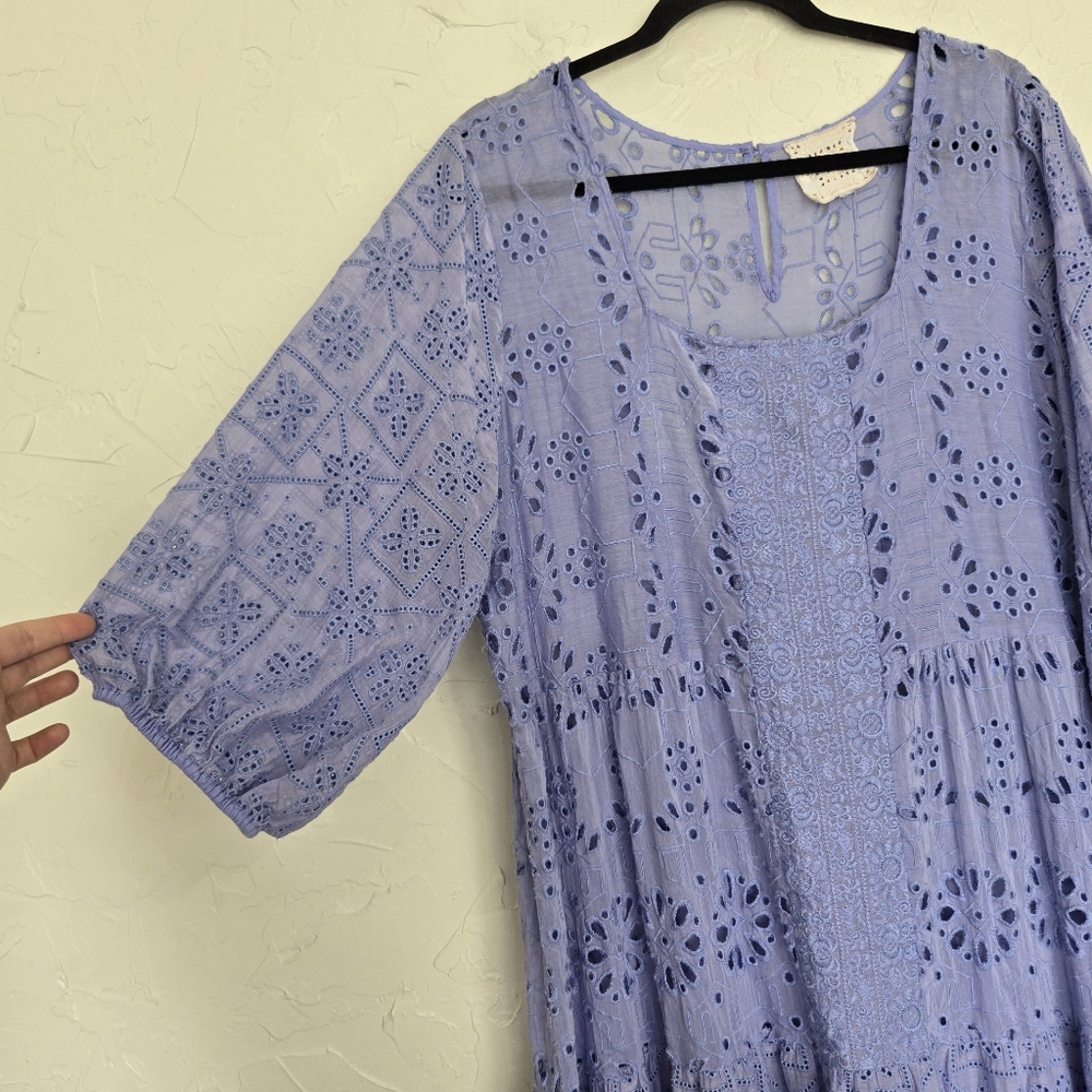 Johnny Was Boho Castillo Eyelet Periwinkle Purple Tiered Dress, XL - Picture 6 of 12